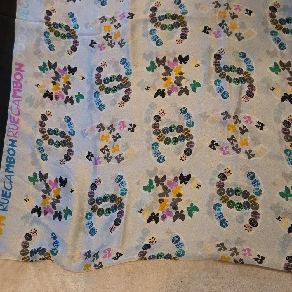 Chanel Coco RueCambon Cream Silk Scarf with Multicolor Logo Pattern - Picture 2 of 6